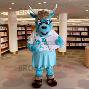 Sky Blue Beef Stroganoff mascot costume character dressed with a Henley Tee and Reading glasses