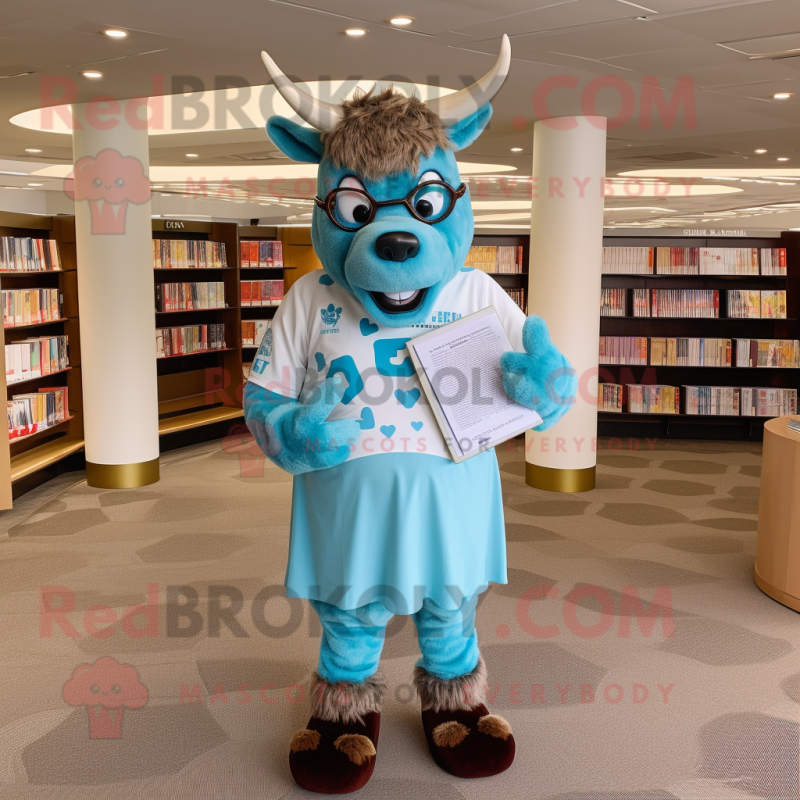 Sky Blue Beef Stroganoff mascot costume character dressed with a Henley Tee and Reading glasses Sky Blue Beef Stroganoff mascot costume character dressed with a Henley Tee and Reading glasses