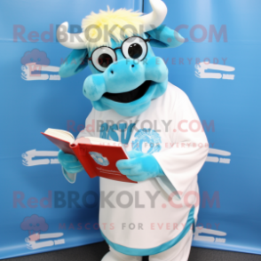 Sky Blue Beef Stroganoff mascot costume character dressed with a Henley Tee and Reading glasses