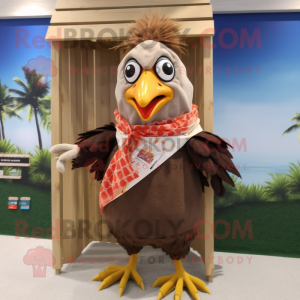 Brown Roosters mascot costume character dressed with a Board Shorts and Scarf clips