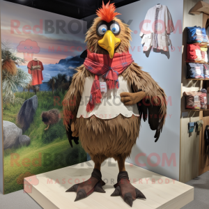 Brown Roosters mascot costume character dressed with a Board Shorts and Scarf clips