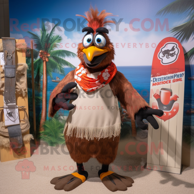 Brown Roosters mascot costume character dressed with a Board Shorts and Scarf clips