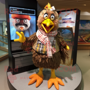 Brown Roosters mascot costume character dressed with a Board Shorts and Scarf clips