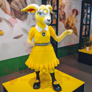 Lemon Yellow Goat mascot costume character dressed with a Mini Skirt and Lapel pins