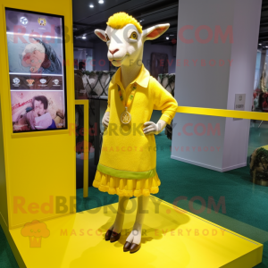 Lemon Yellow Goat mascot costume character dressed with a Mini Skirt and Lapel pins