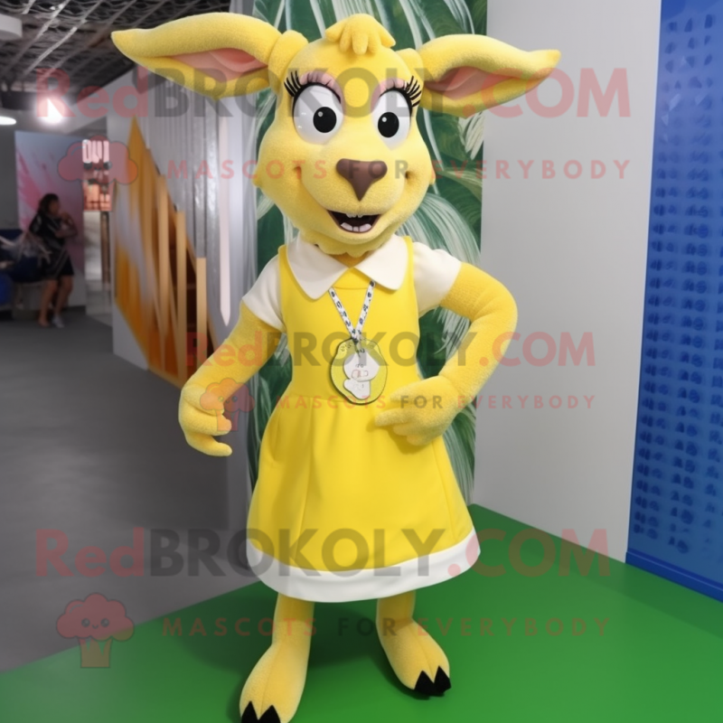 Lemon Yellow Goat mascot costume character dressed with a Mini Skirt and Lapel pins