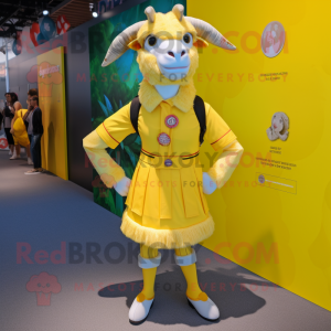 Lemon Yellow Goat mascot costume character dressed with a Mini Skirt and Lapel pins