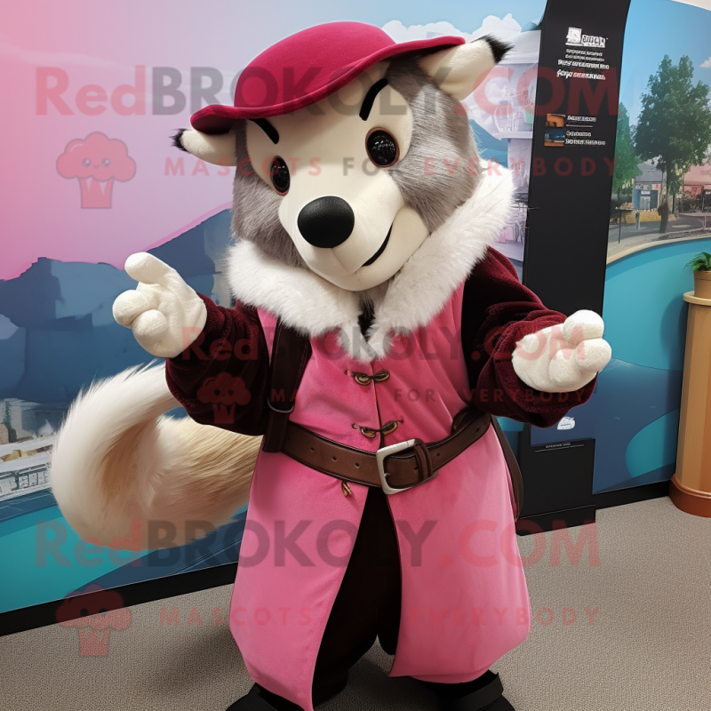 Pink Badger mascot costume character dressed with a Coat and Belts