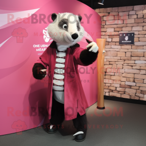 Pink Badger mascot costume character dressed with a Coat and Belts