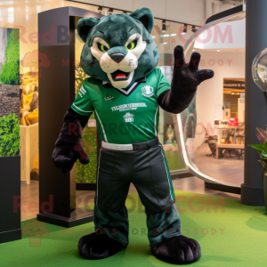 Forest Green Panther mascot costume character dressed with a Rugby Shirt and Pocket squares