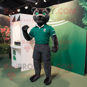 Forest Green Panther mascot costume character dressed with a Rugby Shirt and Pocket squares