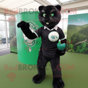 Forest Green Panther mascot costume character dressed with a Rugby Shirt and Pocket squares