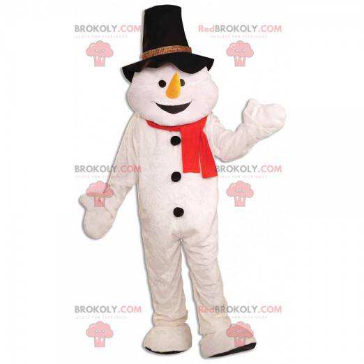 Mascotte del pupazzo di neve con un cappello e una sciarpa -