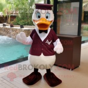 Maroon Goose mascot costume character dressed with a Board Shorts and Bow ties