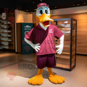 Maroon Goose mascot costume character dressed with a Board Shorts and Bow ties