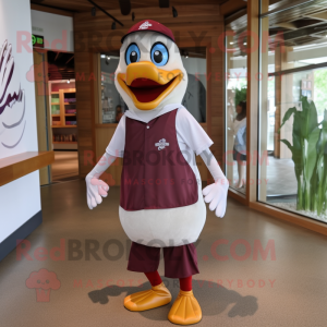 Maroon Goose mascot costume character dressed with a Board Shorts and Bow ties