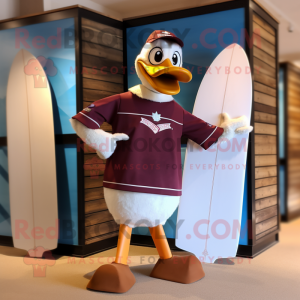 Maroon Goose mascot costume character dressed with a Board Shorts and Bow ties