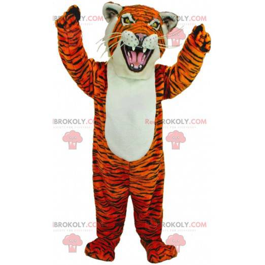 Orange, white and black fierce tiger mascot, feline costume -
