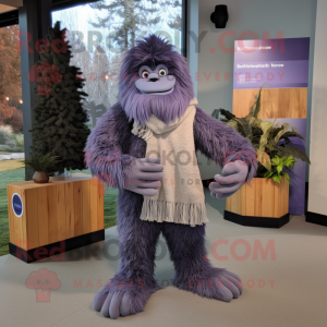 Lavender Sasquatch mascot costume character dressed with a Sweater and Scarves