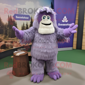 Lavender Sasquatch mascot costume character dressed with a Sweater and Scarves