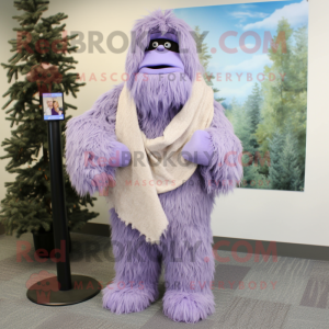 Lavender Sasquatch mascot costume character dressed with a Sweater and Scarves