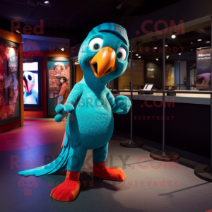 Teal Parrot mascot costume character dressed with a Skinny Jeans and Headbands