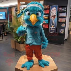 Teal Parrot mascot costume character dressed with a Skinny Jeans and Headbands