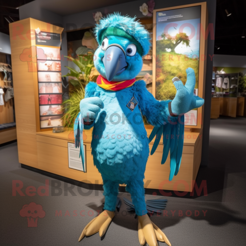 Teal Parrot mascot costume character dressed with a Skinny Jeans and Headbands Teal Parrot mascot costume character dressed with a Skinny Jeans and Headbands