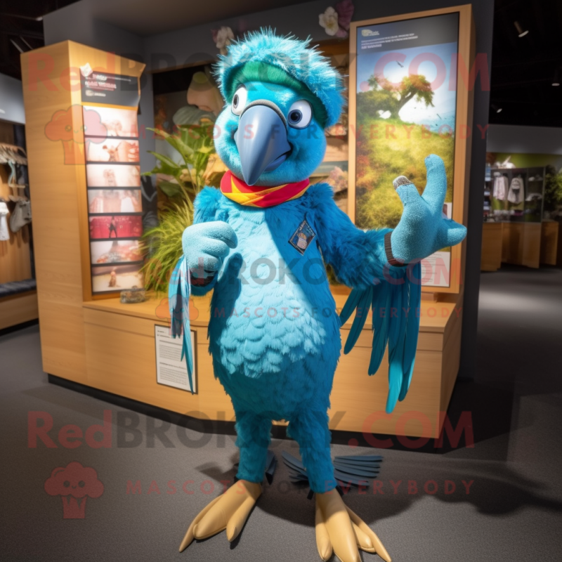 Teal Parrot mascot costume character dressed with a Skinny Jeans and Headbands