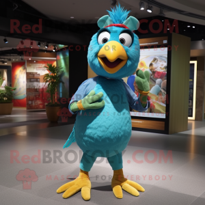 Teal Parrot mascot costume character dressed with a Skinny Jeans and Headbands