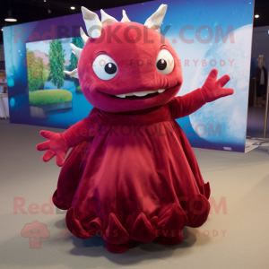 Maroon Axolotls mascot costume character dressed with a Ball Gown and Foot pads