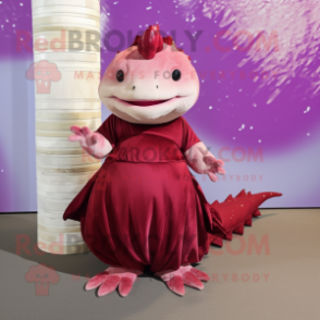 Maroon Axolotls mascot costume character dressed with a Ball Gown and Foot pads