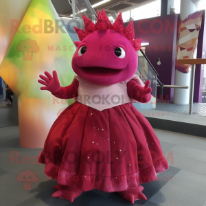 Maroon Axolotls mascot costume character dressed with a Ball Gown and Foot pads