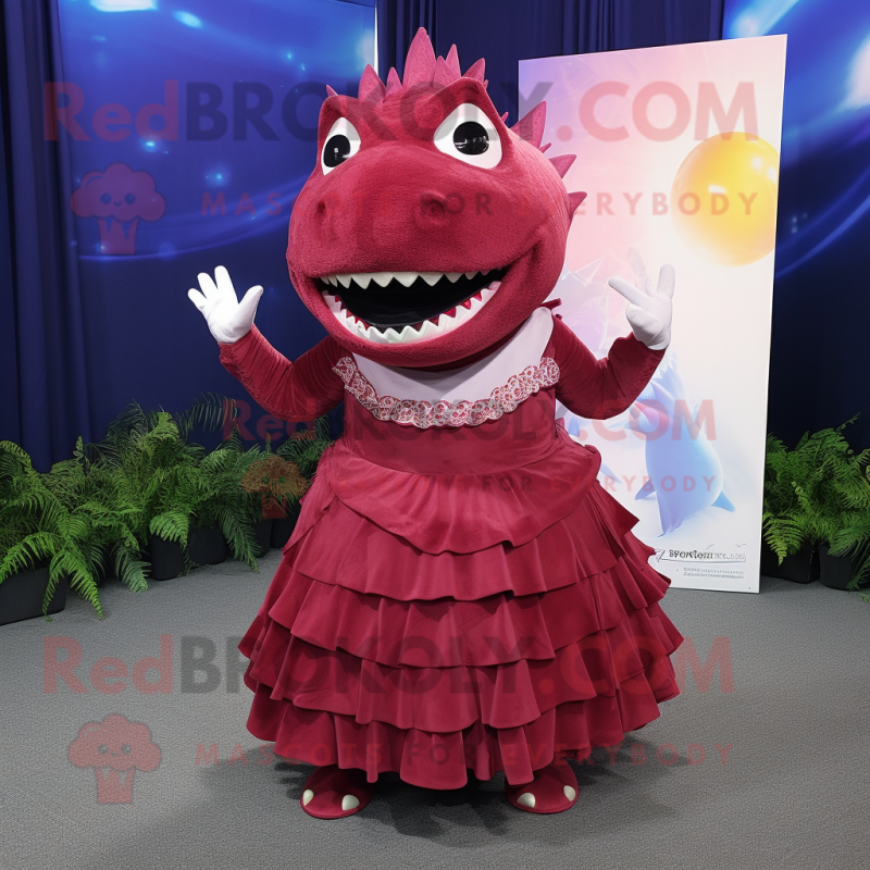 Maroon Axolotls mascot costume character dressed with a Ball Gown and Foot pads