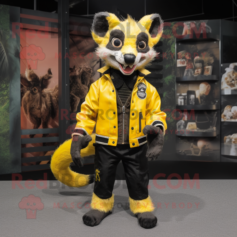 Yellow Civet mascot costume character dressed with a Leather Jacket and Shoe clips