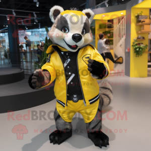 Yellow Civet mascot costume character dressed with a Leather Jacket and Shoe clips