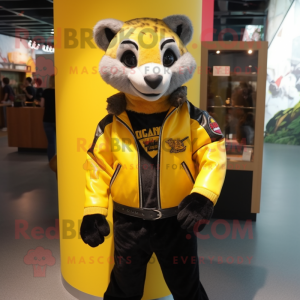 Yellow Civet mascot costume character dressed with a Leather Jacket and Shoe clips