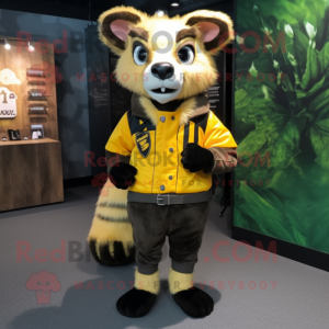 Yellow Civet mascot costume character dressed with a Leather Jacket and Shoe clips