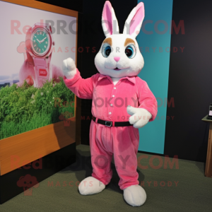 Pink Rabbit mascot costume character dressed with a Dress Shirt and Bracelet watches