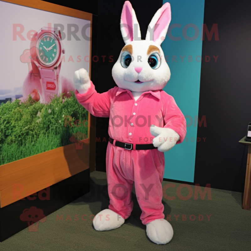 Pink Rabbit mascot costume character dressed with a Dress Shirt and Bracelet watches Pink Rabbit mascot costume character dressed with a Dress Shirt and Bracelet watches