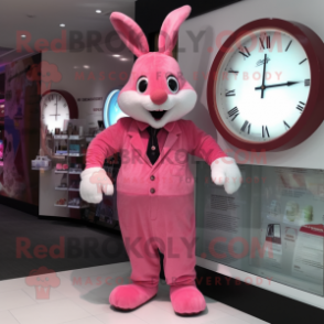 Pink Rabbit mascot costume character dressed with a Dress Shirt and Bracelet watches