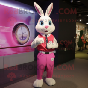 Pink Rabbit mascot costume character dressed with a Dress Shirt and Bracelet watches