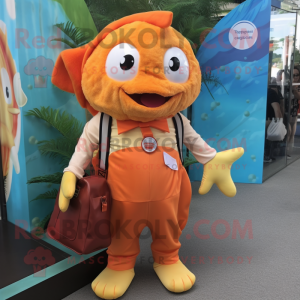 Peach Fish And Chips mascot costume character dressed with a Romper and Backpacks