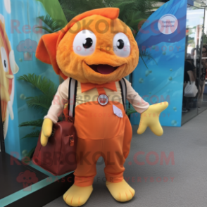 Peach Fish And Chips mascot costume character dressed with a Romper and Backpacks