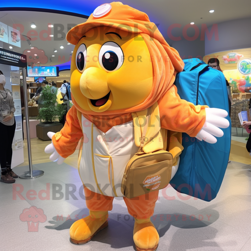 Peach Fish And Chips mascot costume character dressed with a Romper and Backpacks