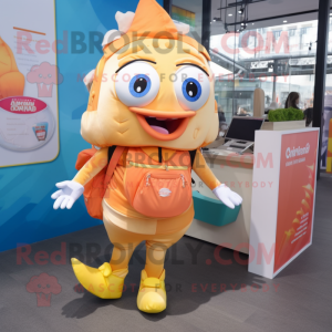 Peach Fish And Chips mascot costume character dressed with a Romper and Backpacks