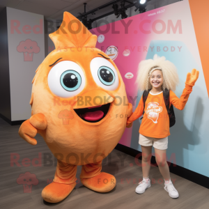 Peach Fish And Chips mascot costume character dressed with a Romper and Backpacks