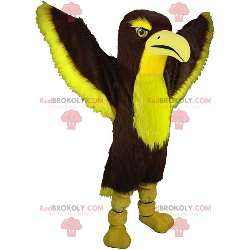 Brown and yellow falcon mascot, colorful eagle costume -
