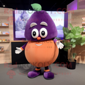 Peach Eggplant mascot costume character dressed with a Romper and Mittens