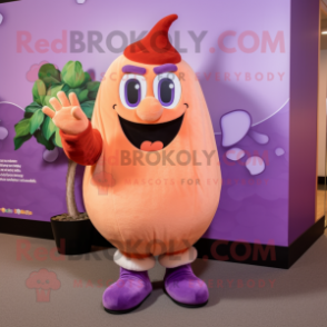 Peach Eggplant mascot costume character dressed with a Romper and Mittens